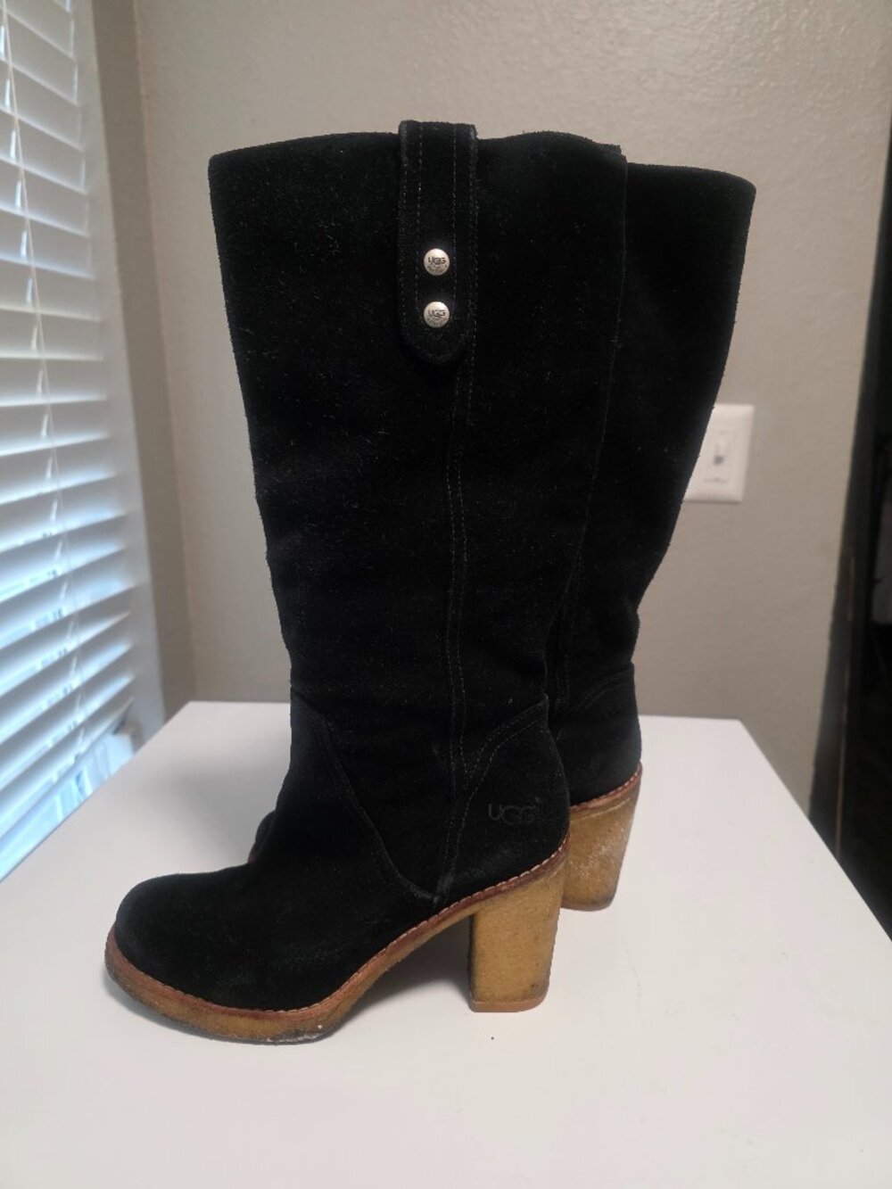 UGG Australia Cuff JOSIE Tall Black Suede High Heel Stout Boots SN 3214 | Sz 7